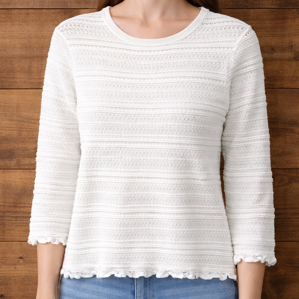Belford White Textured Knit Top Pima Cotton 3/4 Sleeve Scalloped Hem Size S